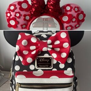 Disney Minnie Mouse Loungefly Mini Backpack + Ear Headband – Sold as Set